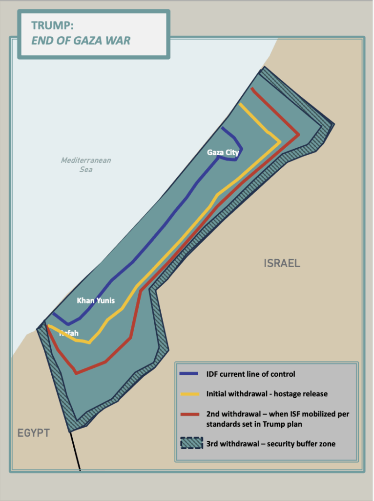 Kart som viser fasene i Israels tilbaketrekning fra Gaza dersom USAs fredsplan blir en realitet.